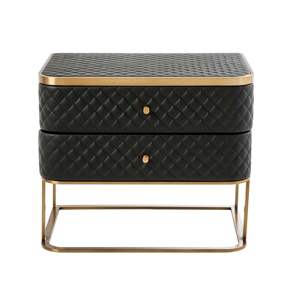 Black, faux leather bedside table with two drawers and diamond quilted upholstery