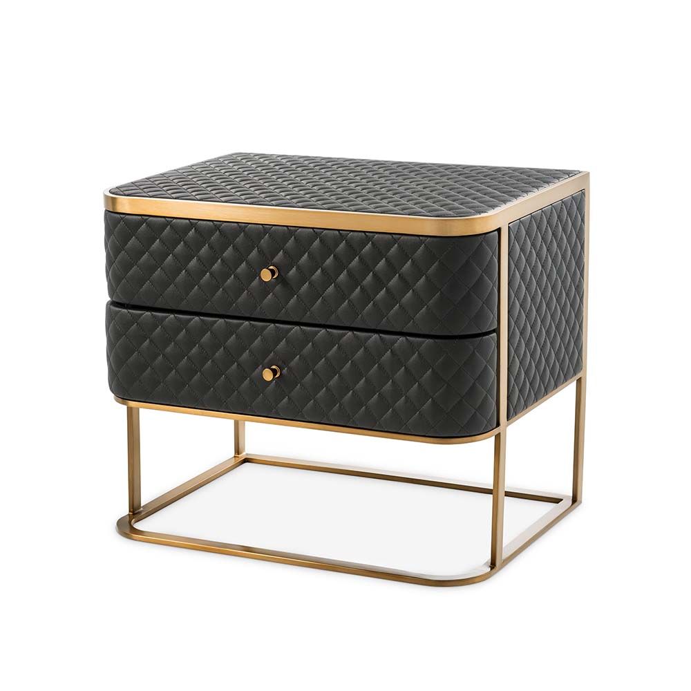 Black, faux leather bedside table with two drawers and diamond quilted upholstery