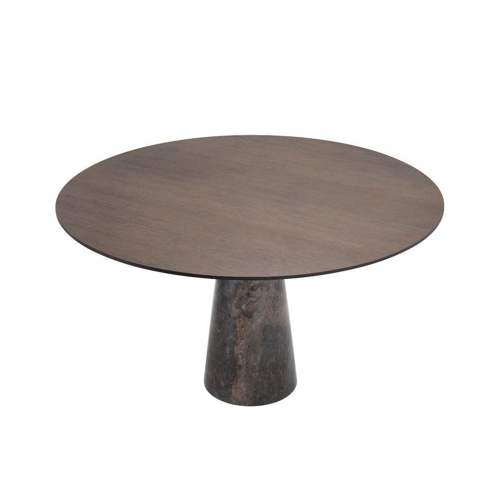 brutalist-inspired, round dining table with marble base and oak surface