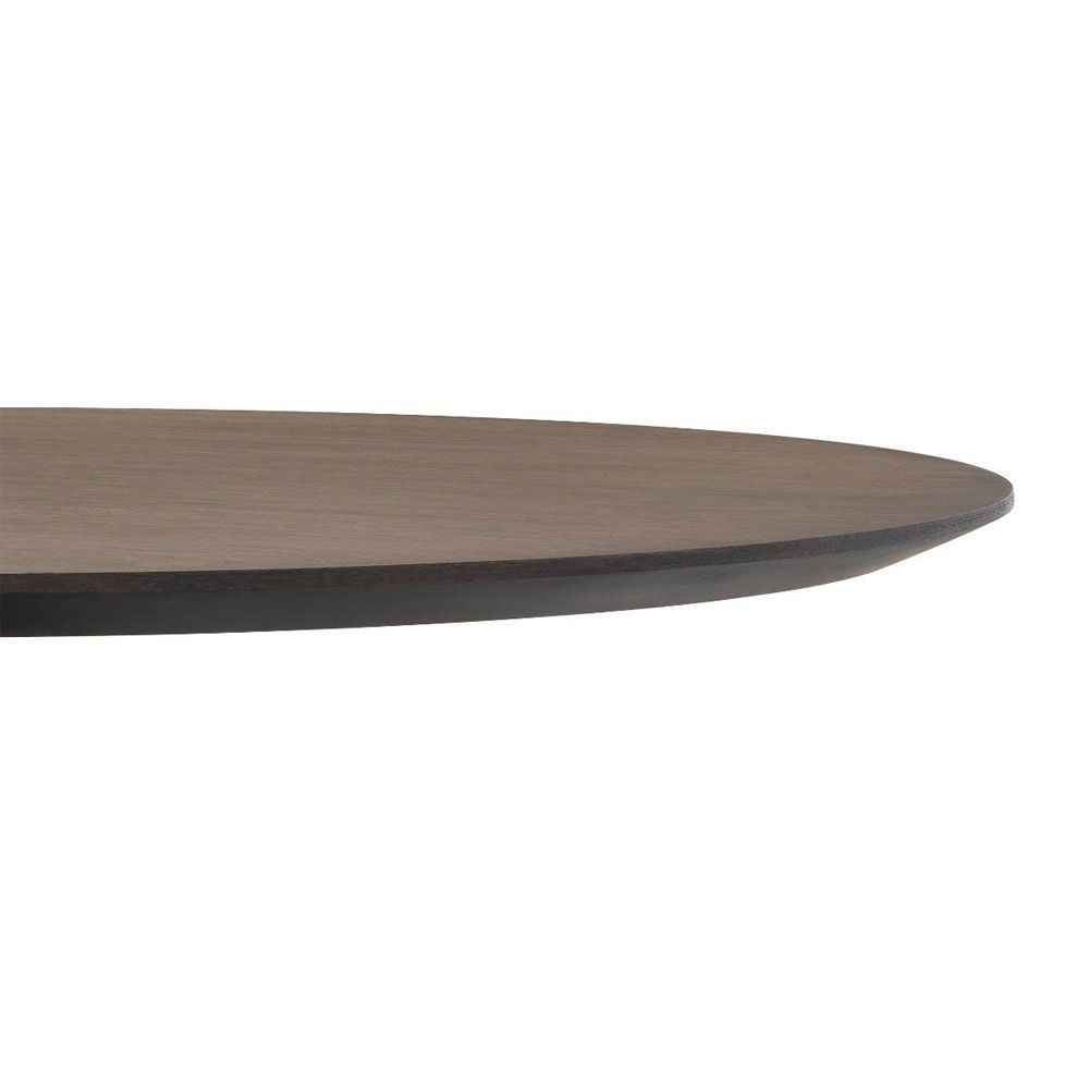 brutalist-inspired, round dining table with marble base and oak surface