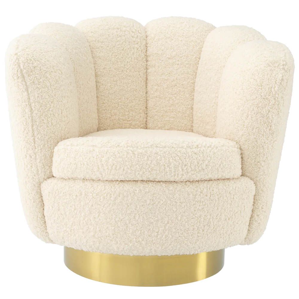 Cocooning shell-shaped swivel chair in faux shearling