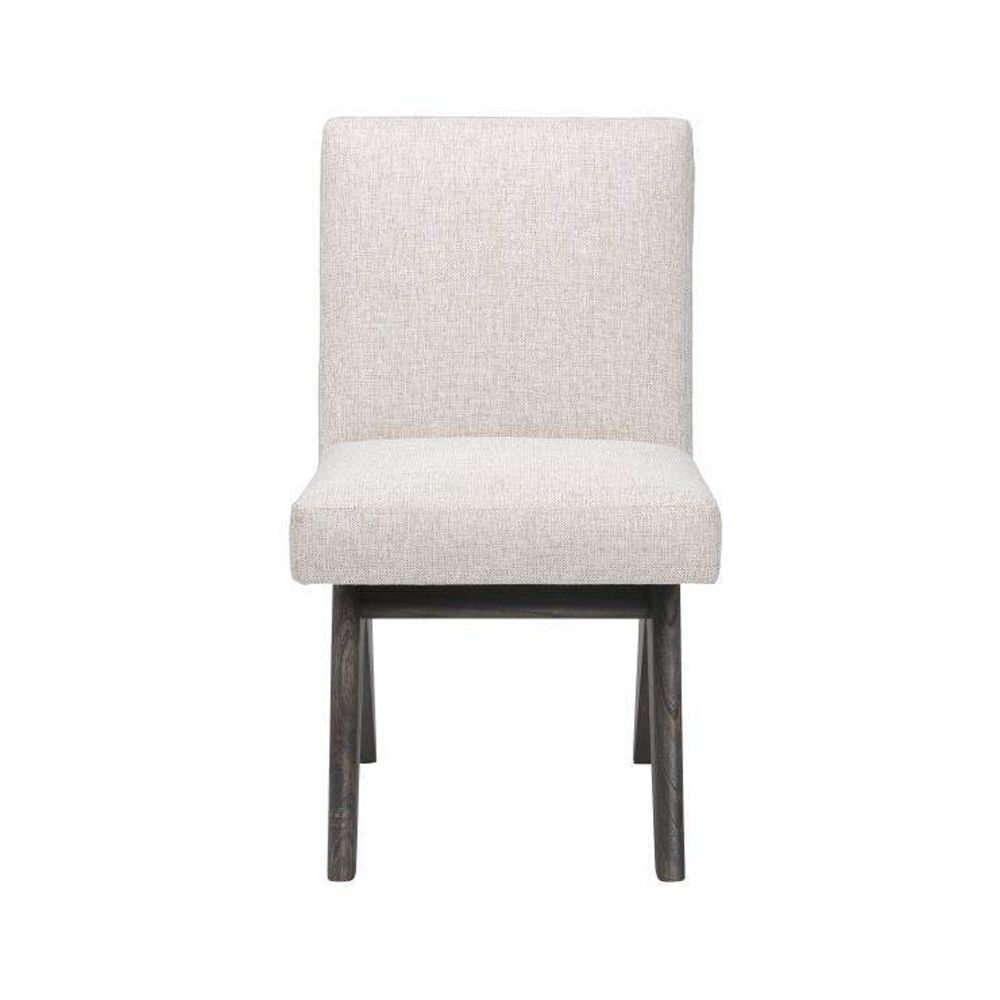Natural linen dining chair with dark wooden v-shaped legs