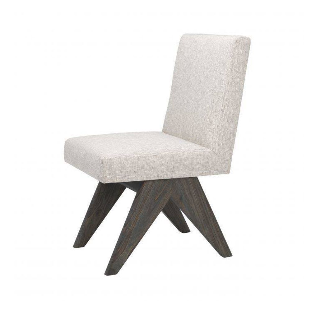 Natural linen dining chair with dark wooden v-shaped legs