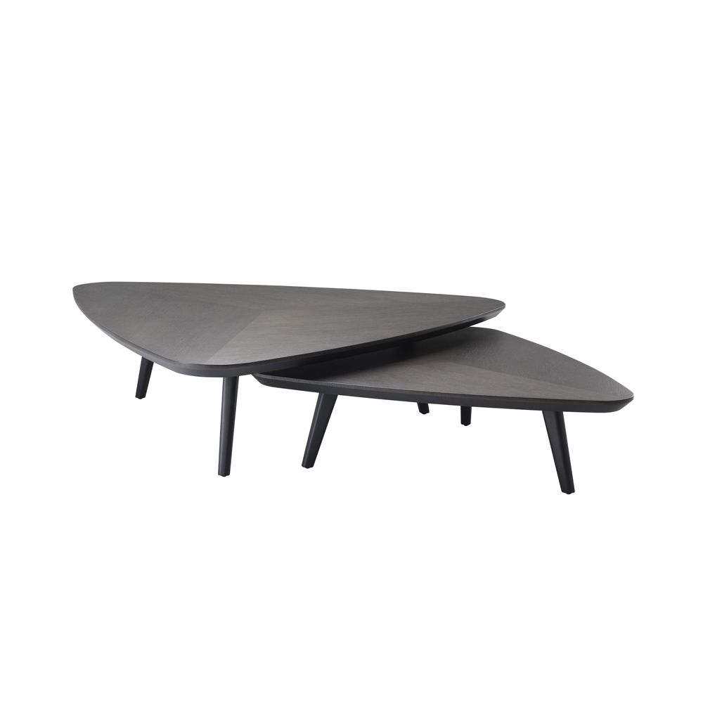 A stylish set of two dark brown wood coffee tables 
