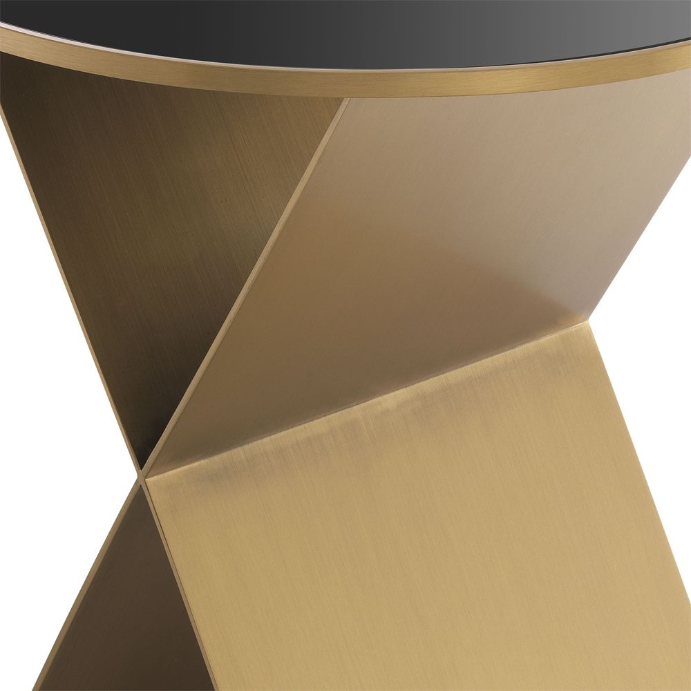 Luxurious Eichholtz modern brushed brass side table with black glass tabletop