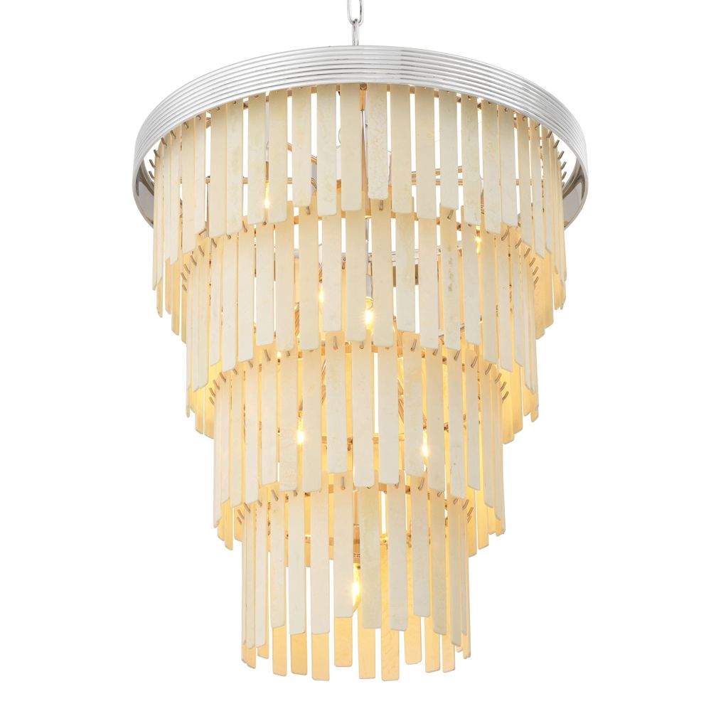 A glamorous contemporary faux bone tiered chandelier with nickel accents