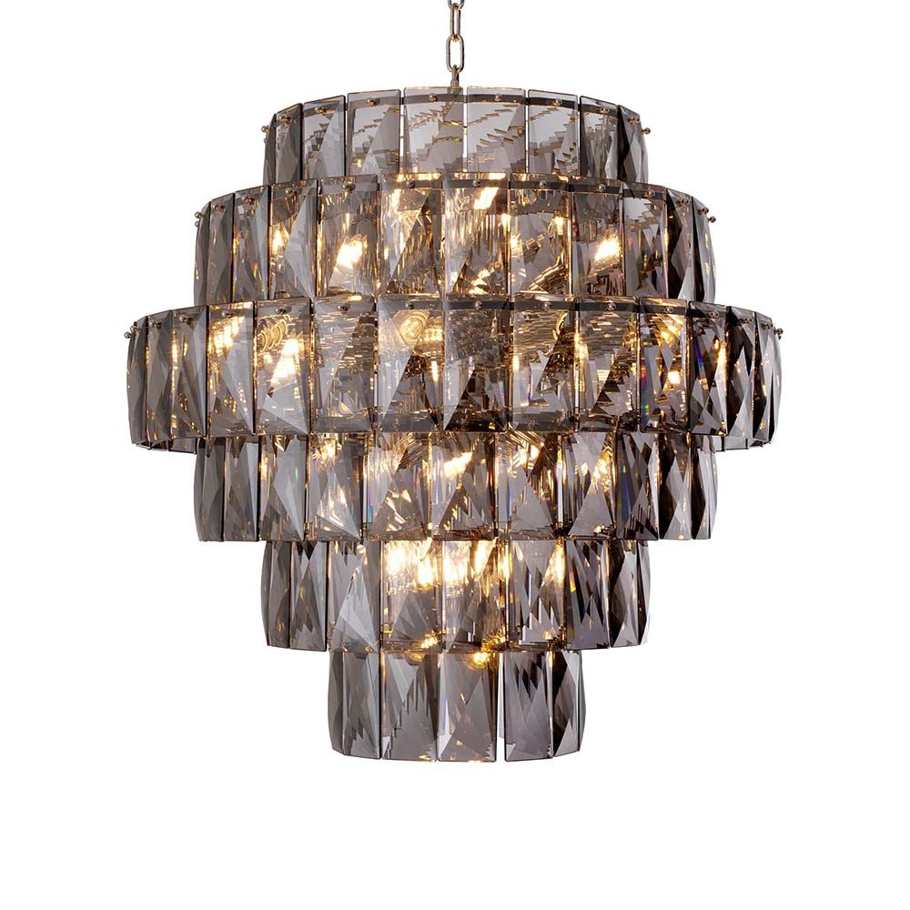 A gorgeous tiered chandelier in a smoked glass finish