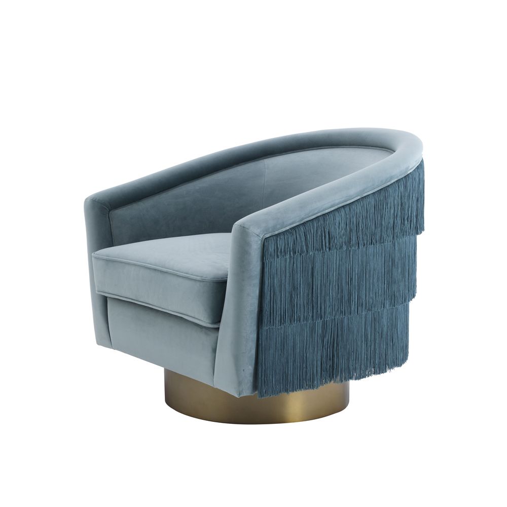 Savona blue velvet swivel chair with tassel detailing and gold base