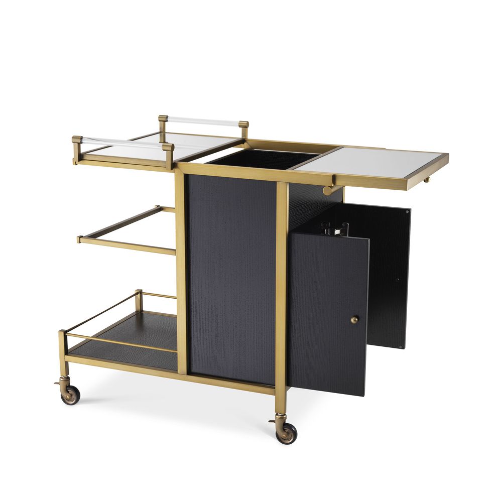 A luxurious dark grey and brushed brass drinks trolley
