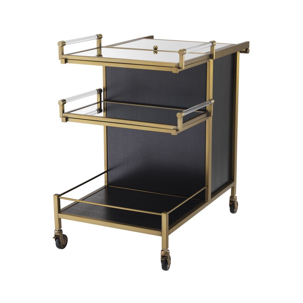 A luxurious dark grey and brushed brass drinks trolley