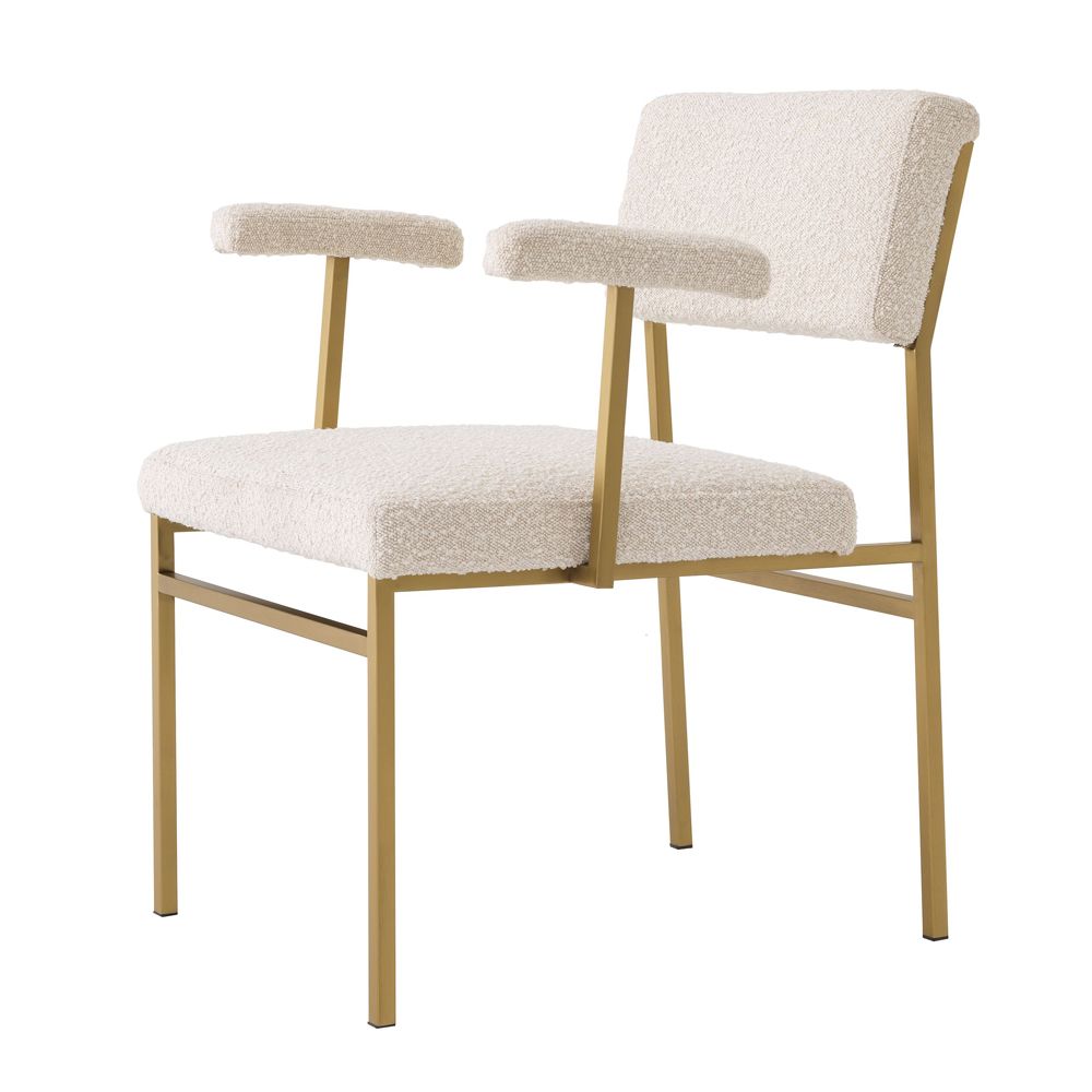 Modern cream boucle upholstered chair with brushed brass finish by Eichholtz