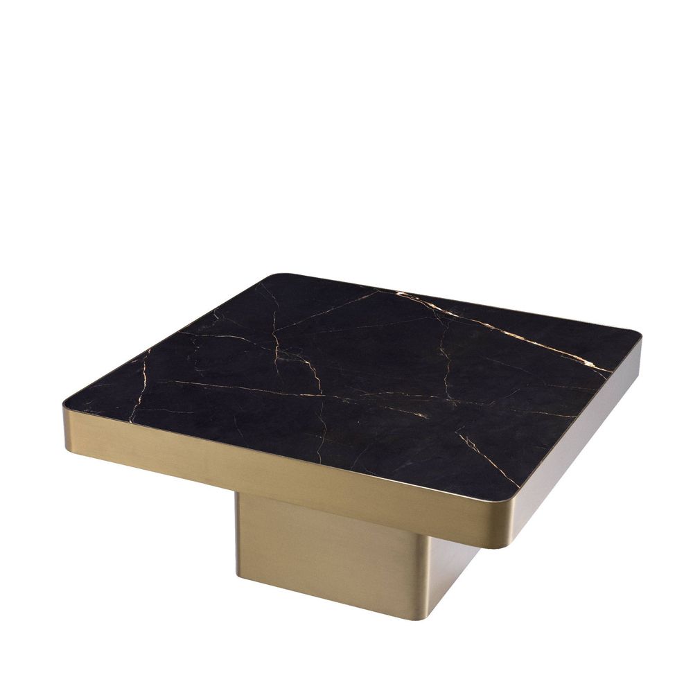 Eichholtz brushed brass coffee table with square black marble effect tabletop