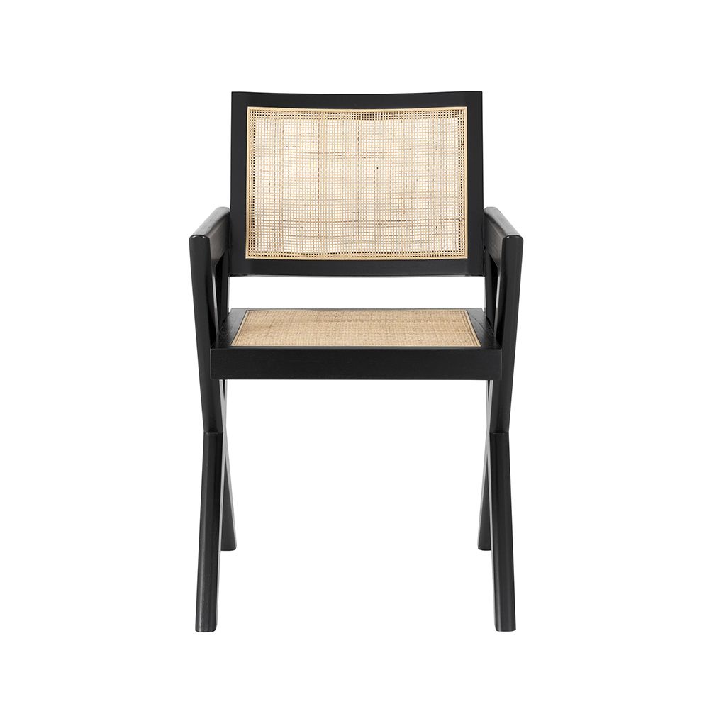Black finish, rattan seated dining chair with X-shaped legs
