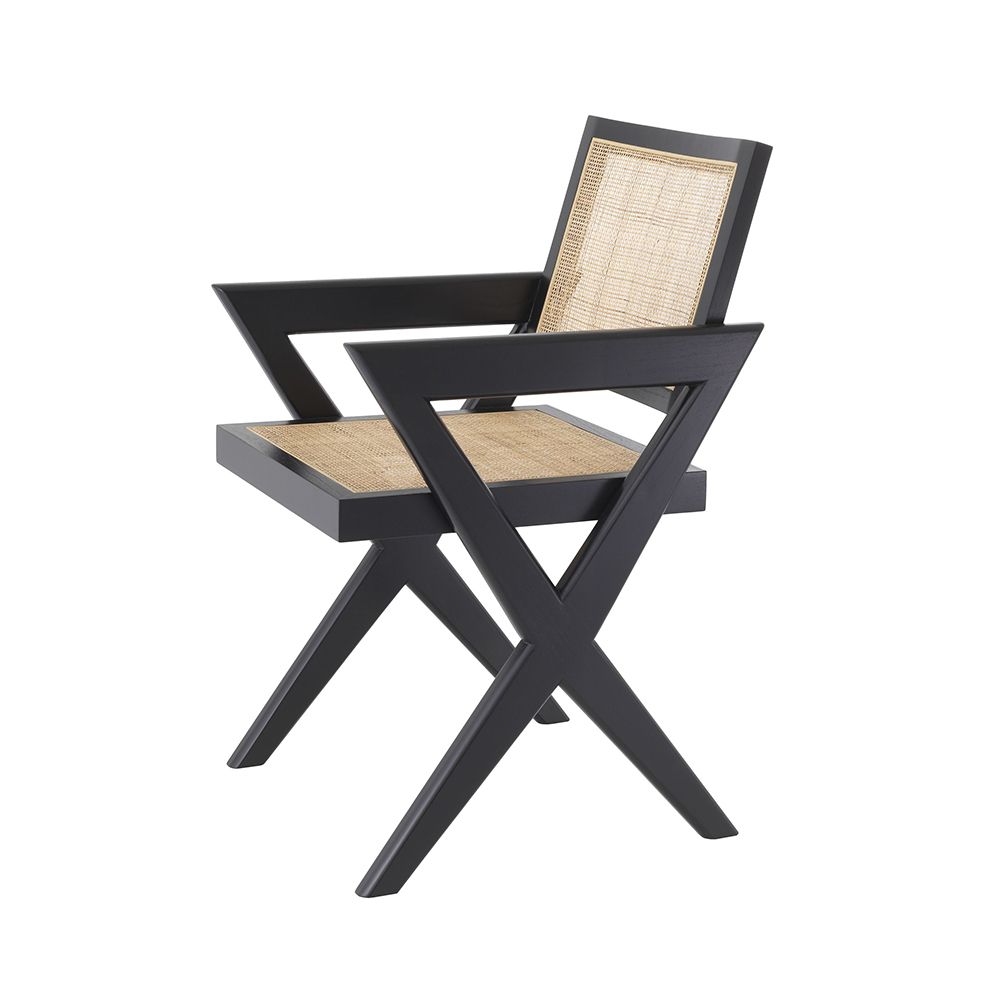 Black finish, rattan seated dining chair with X-shaped legs