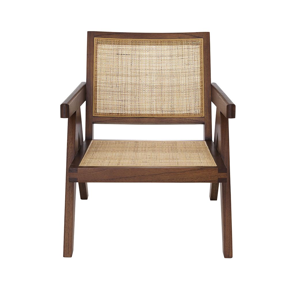 Rattan webbed, seated chair with brown V-shaped legs