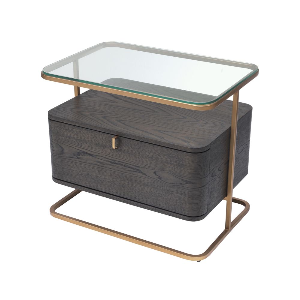 Mocha oak veneer side table with glass table top and brass frame