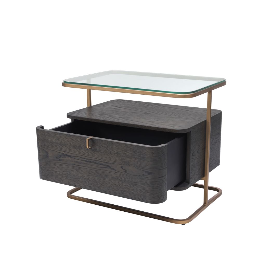 Mocha oak veneer side table with glass table top and brass frame