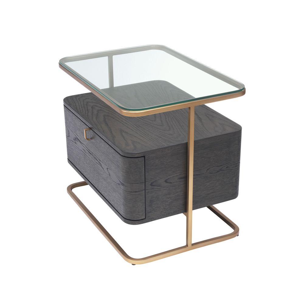Mocha oak veneer side table with glass table top and brass frame