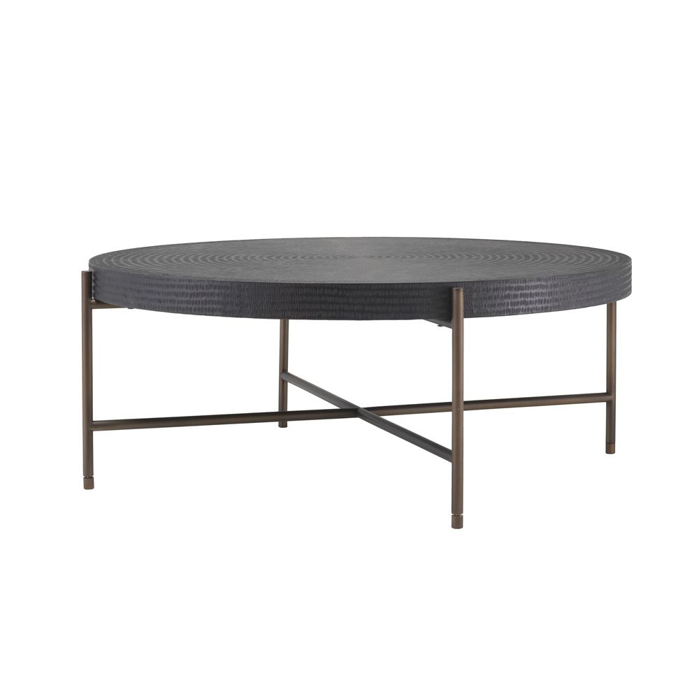 A solid stainless steel and wood coffee table in a gunmetal and bronze finish