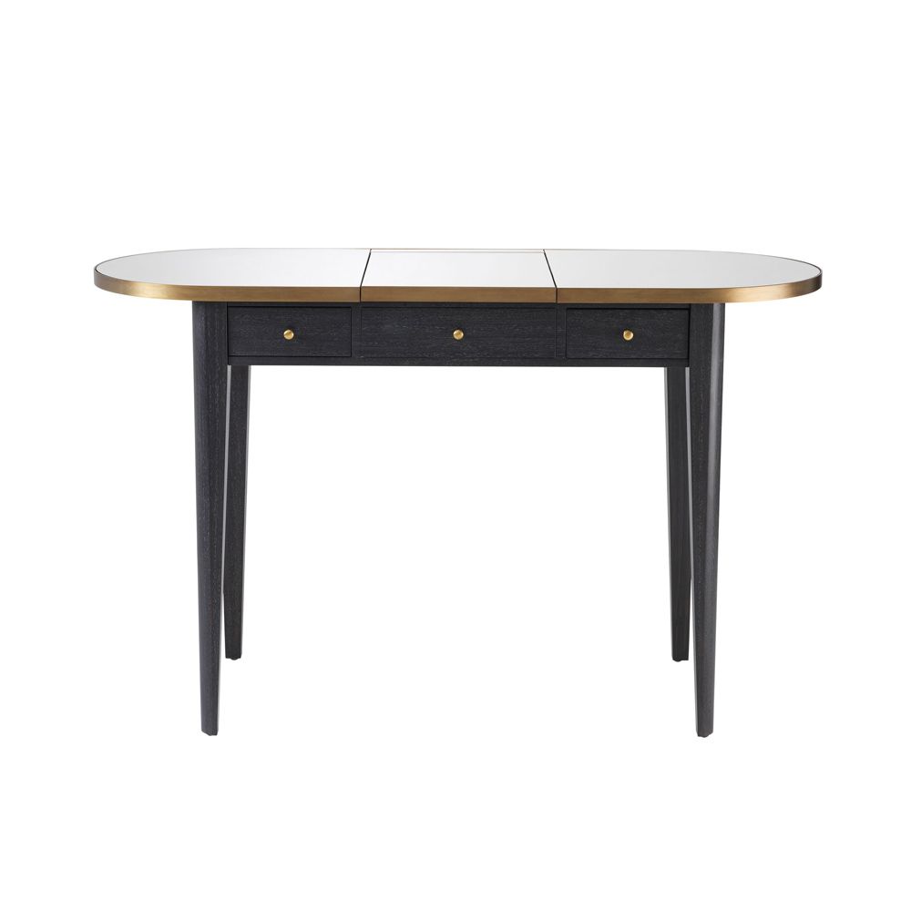 A luxurious, grey charcoal dressing table with brass details and a mirrored surface