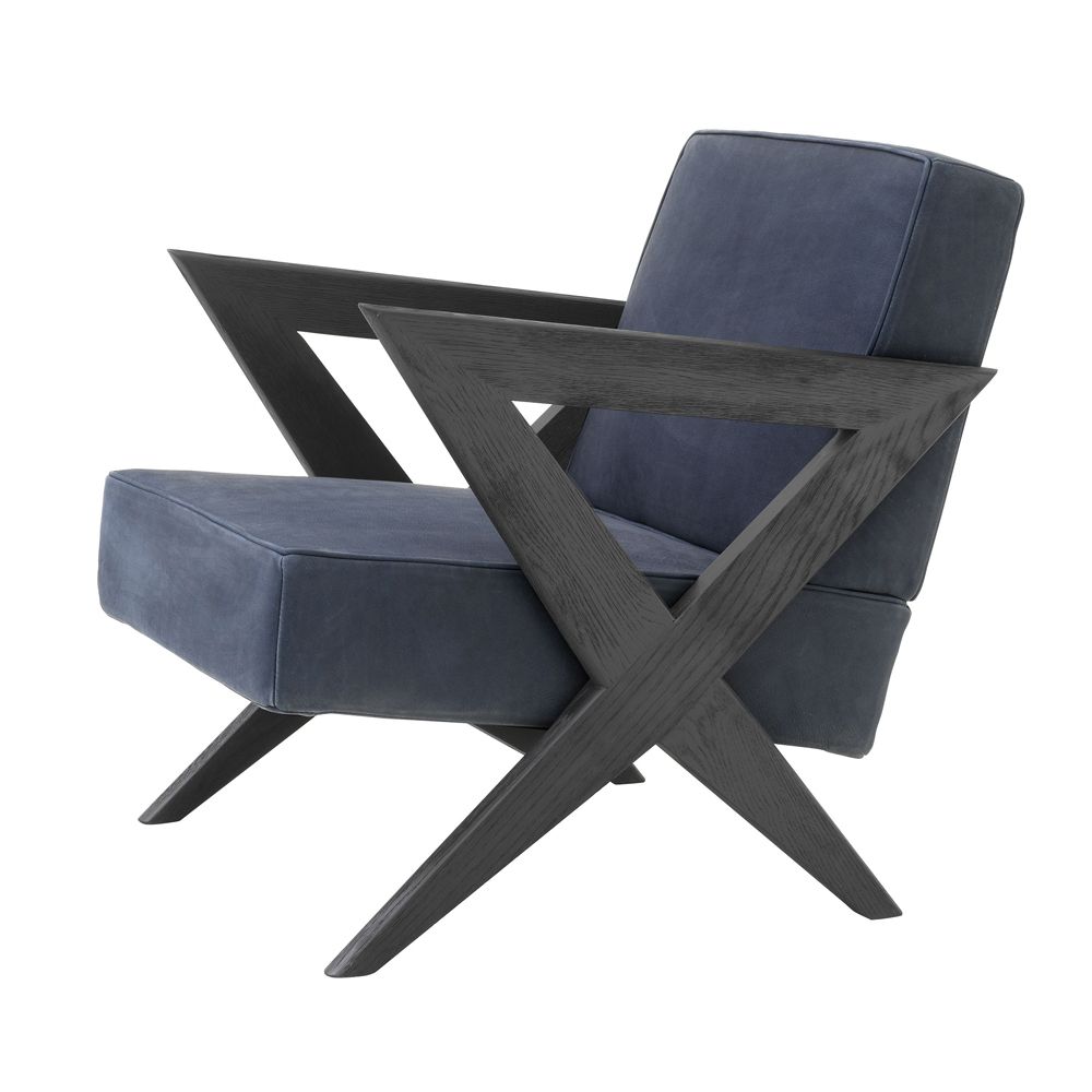Eichholtz vintage blue velvet armchair with black x-shaped legs