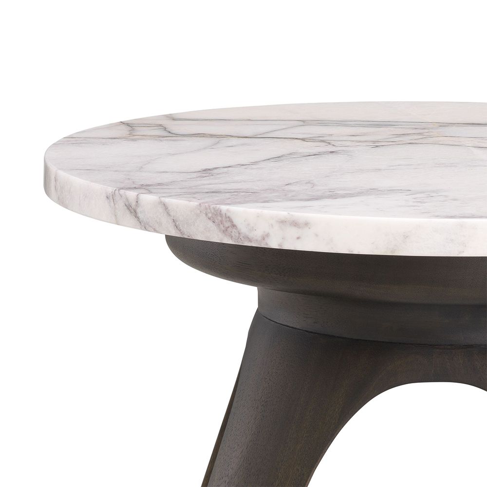 A stylish side table by Eichholtz with an Italian white marble table top and a mocha finish with tapered legs
