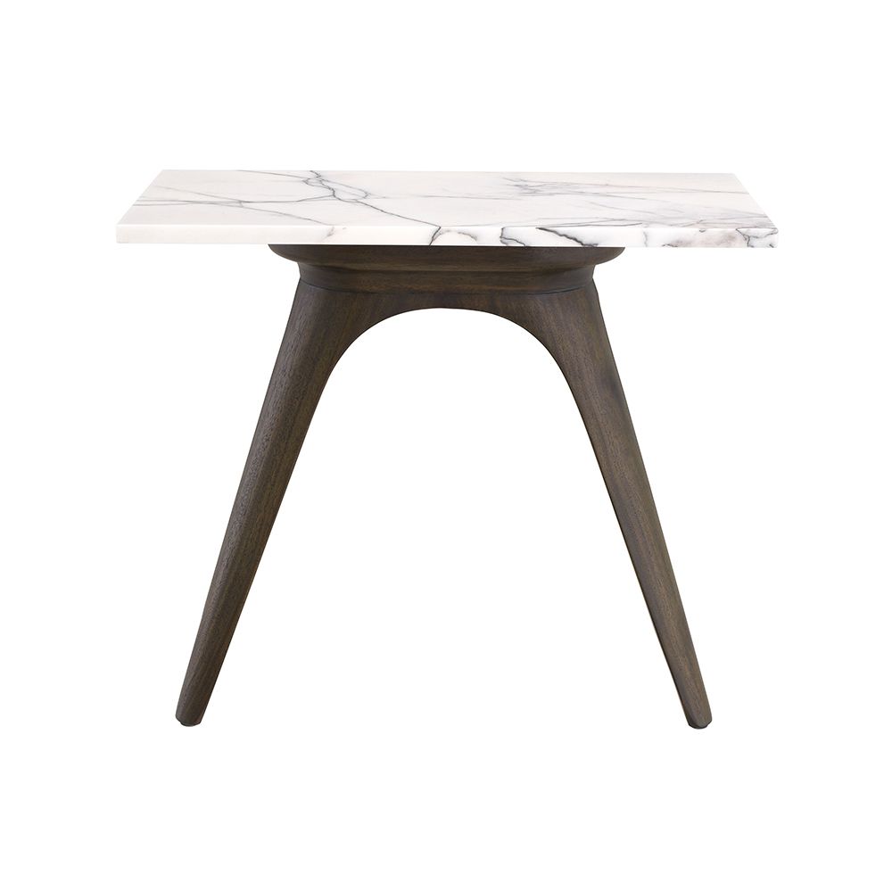 A luxurious side table by Eichholtz with a rectangular, Italian bianco lilac marble table top, a mocha finish frame and tapered legs 