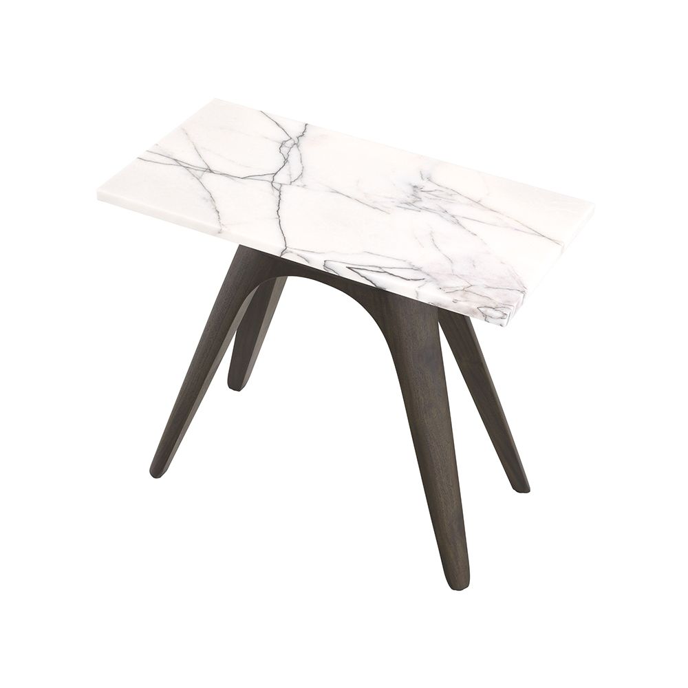 A luxurious side table by Eichholtz with a rectangular, Italian bianco lilac marble table top, a mocha finish frame and tapered legs 