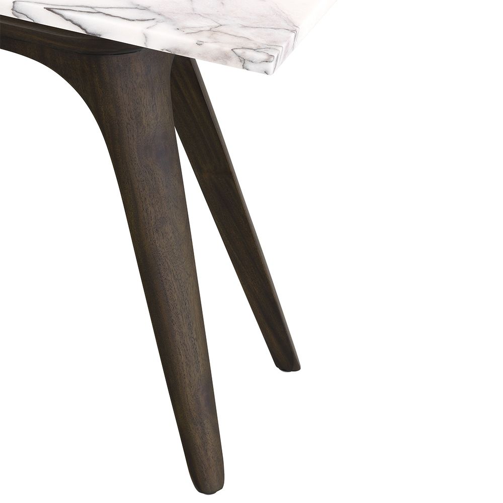 A luxurious side table by Eichholtz with a rectangular, Italian bianco lilac marble table top, a mocha finish frame and tapered legs 