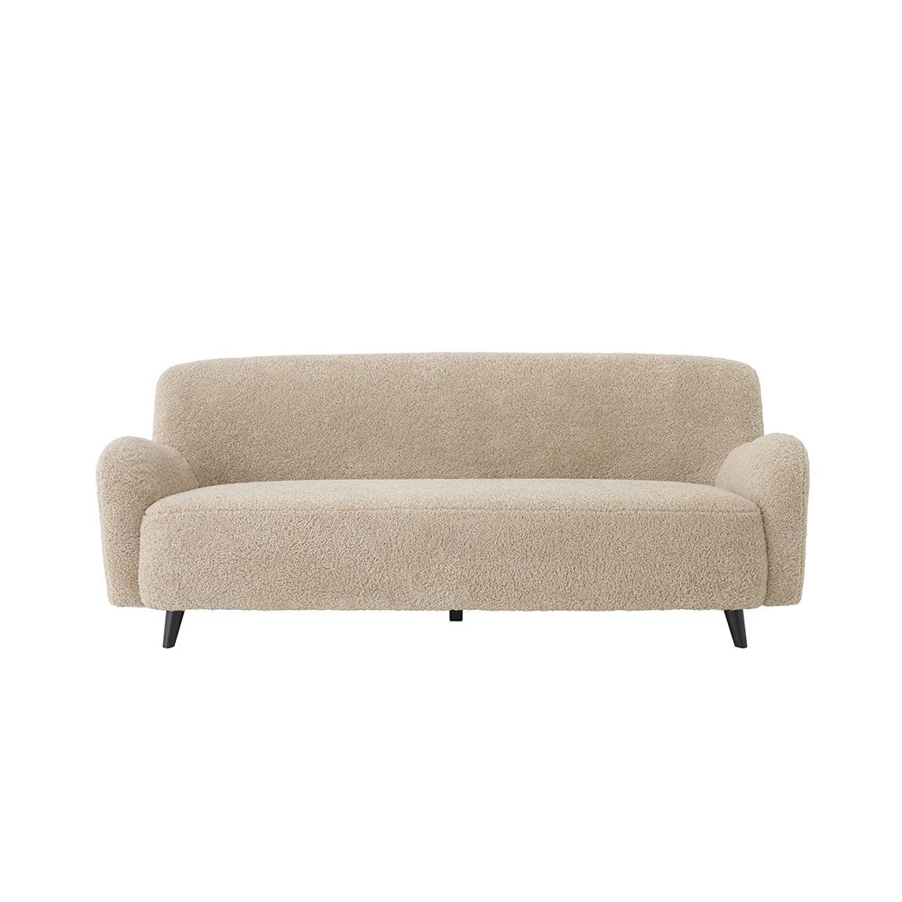A luxurious mid-century modern inspired Canberra sand upholstered sofa with black legs