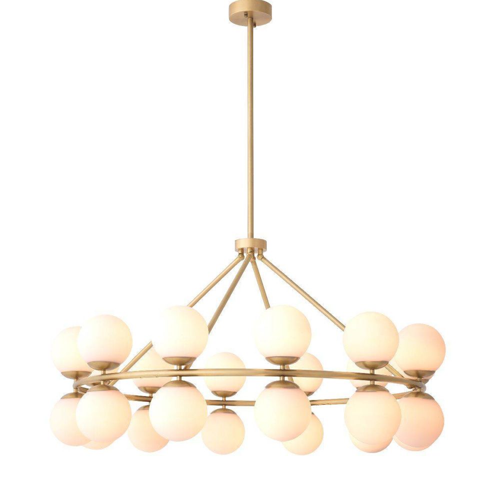 Antique brass Eichholtz chandelier with white glass globe lampshades