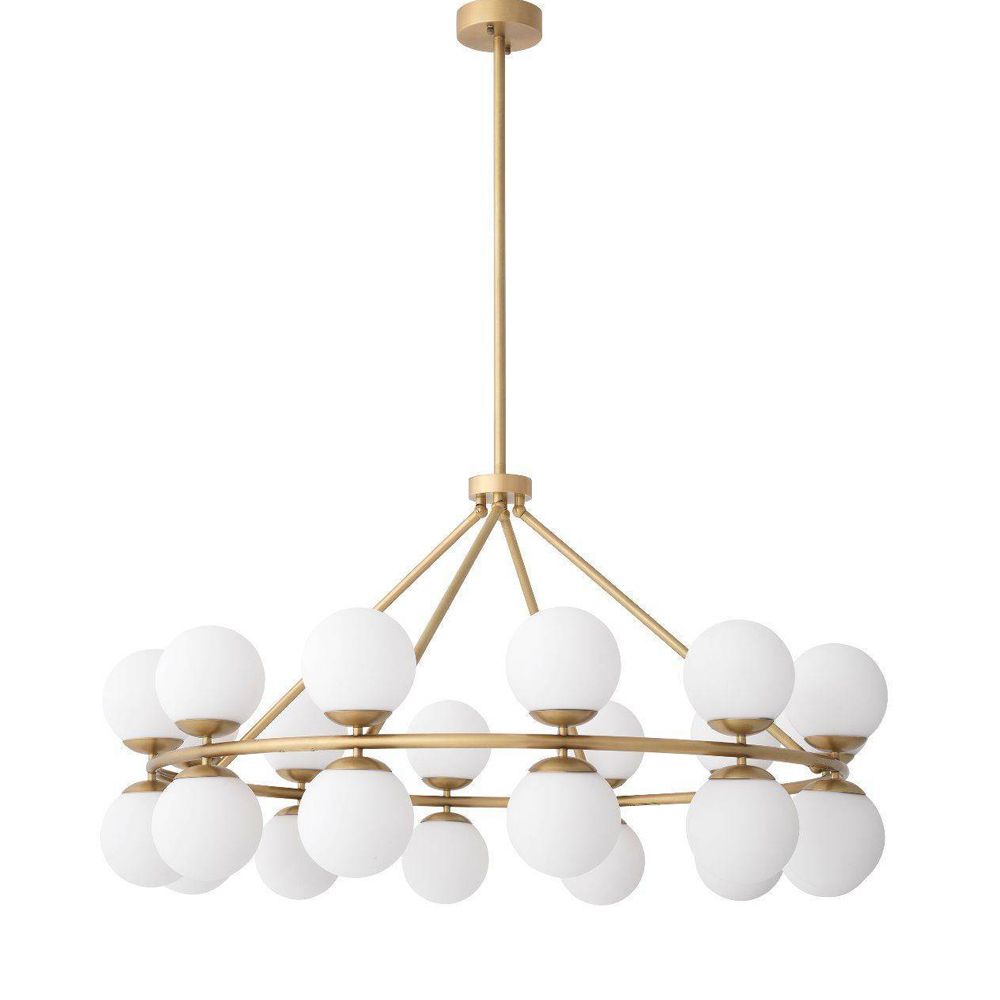 Antique brass Eichholtz chandelier with white glass globe lampshades