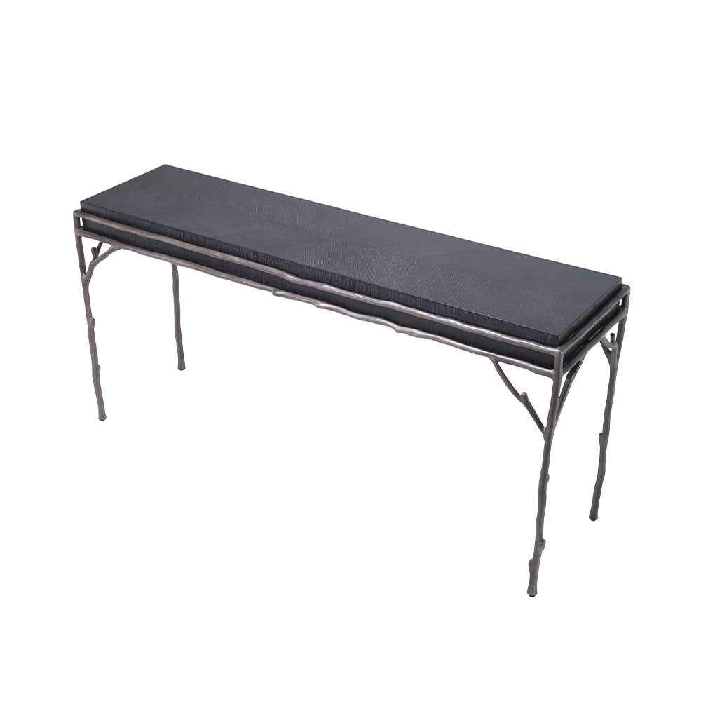 A console table by Eichholtz with a charcoal oak veneer table top, bronze frame and four organically shaped legs