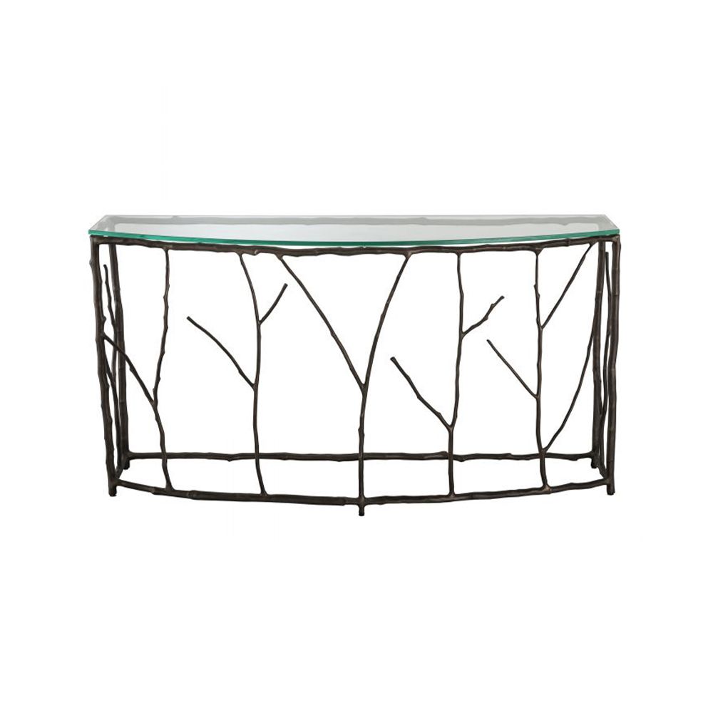 A stylish, nature-inspired console table by Eichholtz with a bronze branch-like frame and semi-circular clear glass top