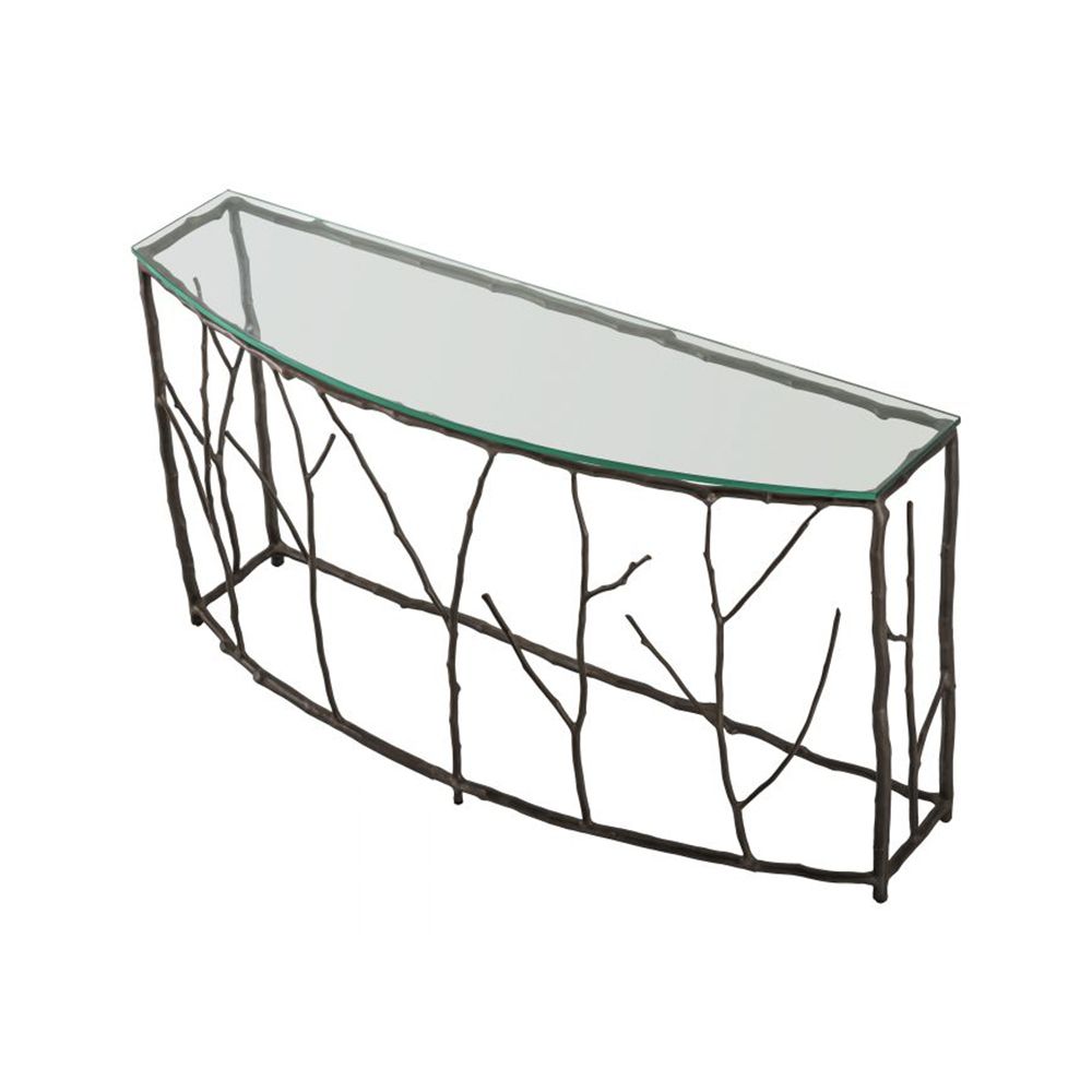 A stylish, nature-inspired console table by Eichholtz with a bronze branch-like frame and semi-circular clear glass top