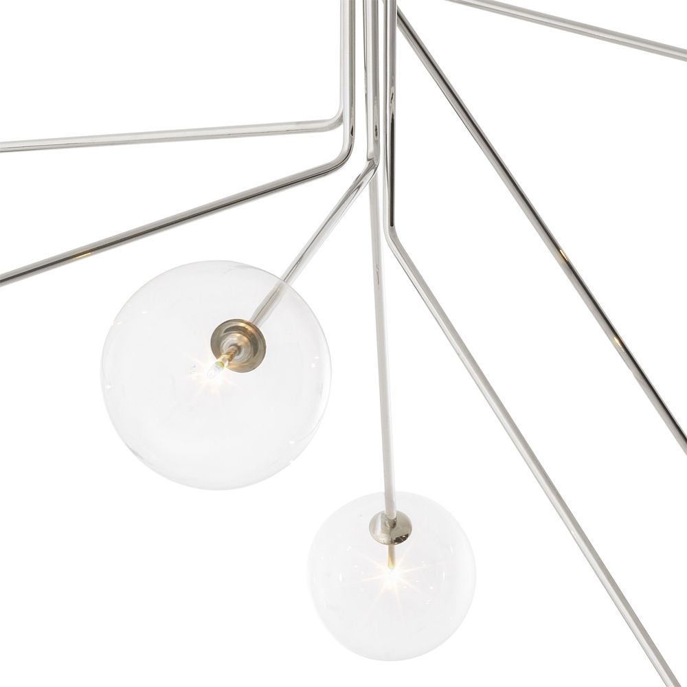 A gorgeous polished nickel sputnik chandelier with glass shades
