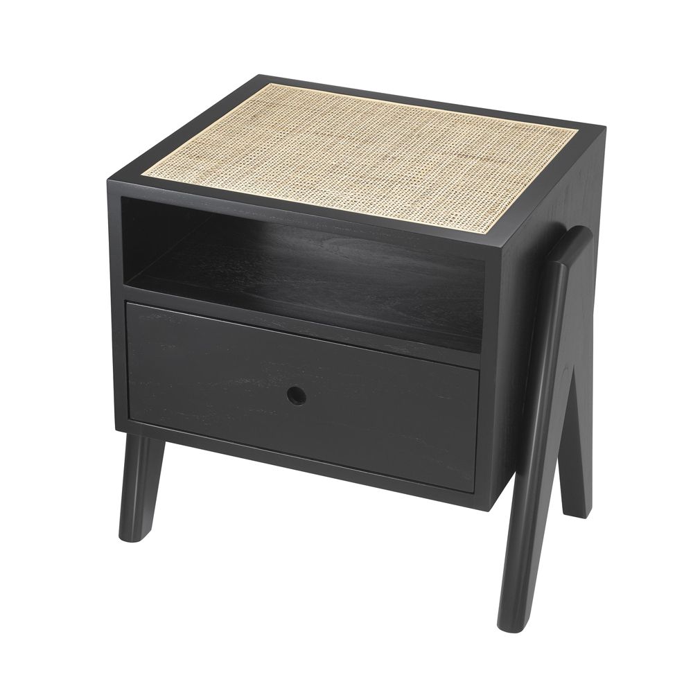 Eichholtz classic black wooden bedside with cane rattan tabletop