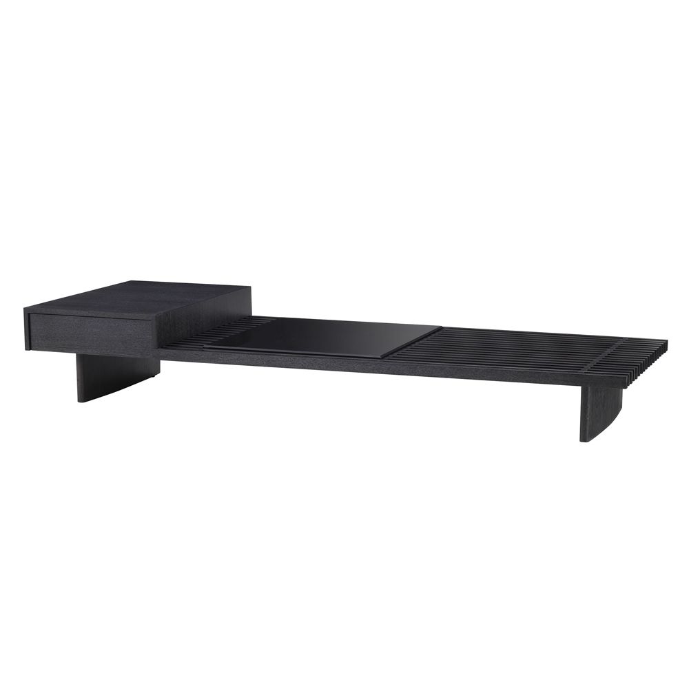 Contemporary luxe charcoal grey oak veneer coffee table with smoke glass top by Eichholtz