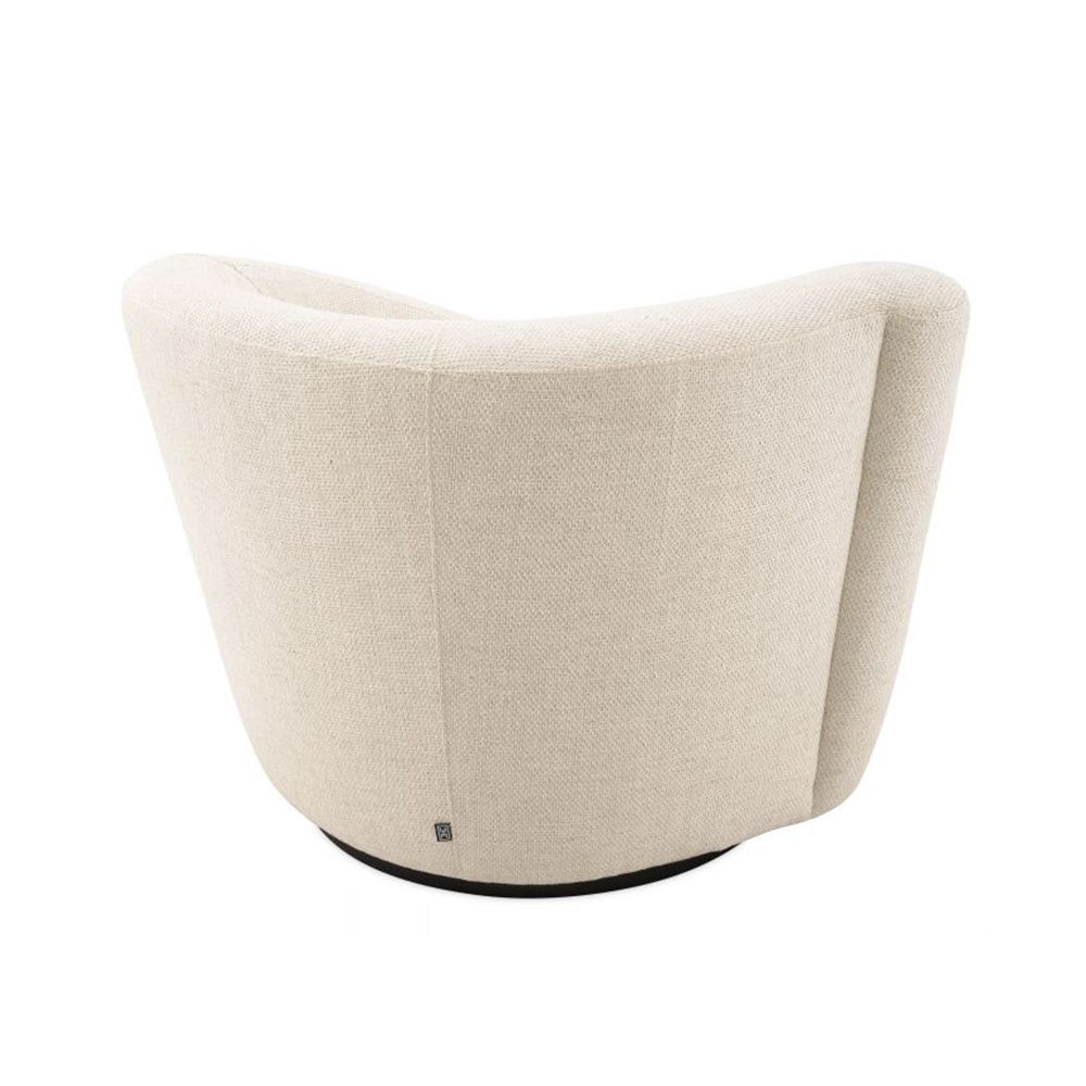 A stylish swivel chair upholstered in a linen fabric with an symmetrical back and a black base by Eichholtz 