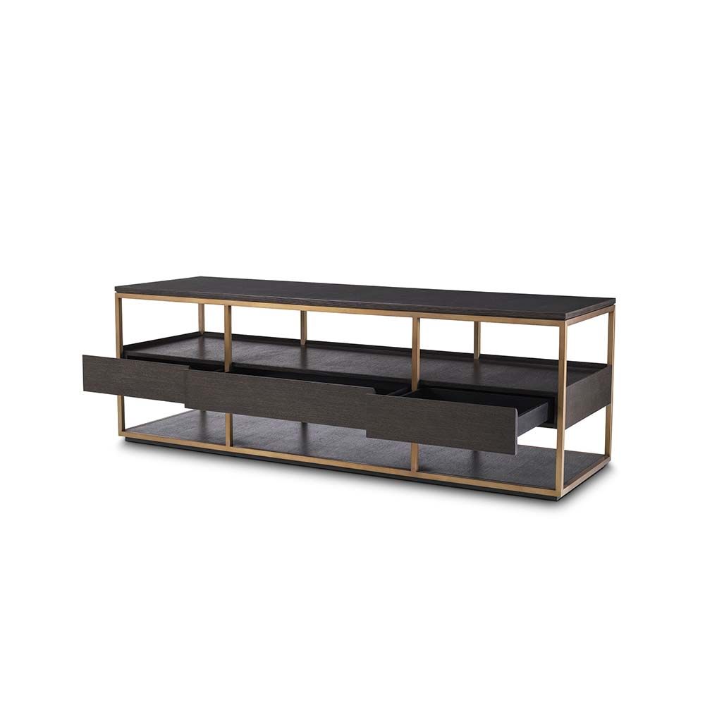 A fabulous dark brown tv unit with three drawers and brass frame accents