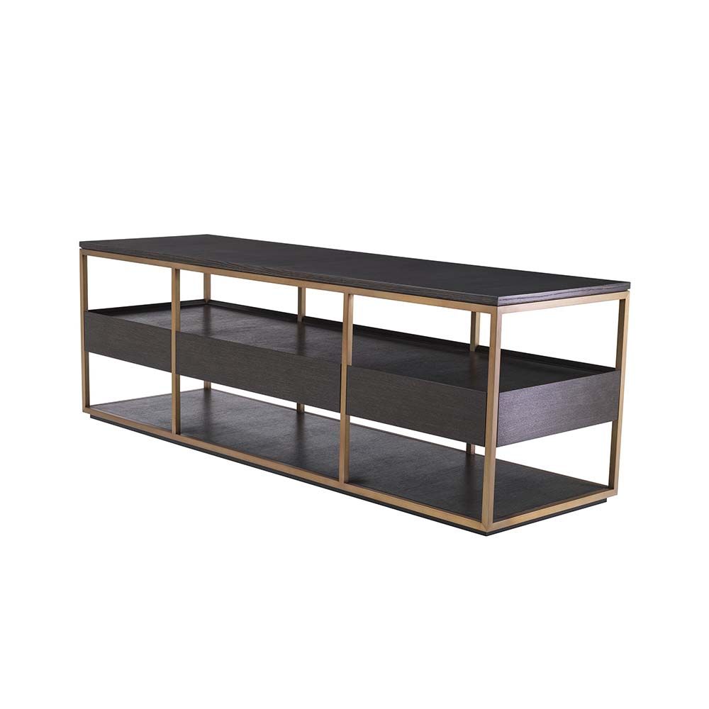 A fabulous dark brown tv unit with three drawers and brass frame accents