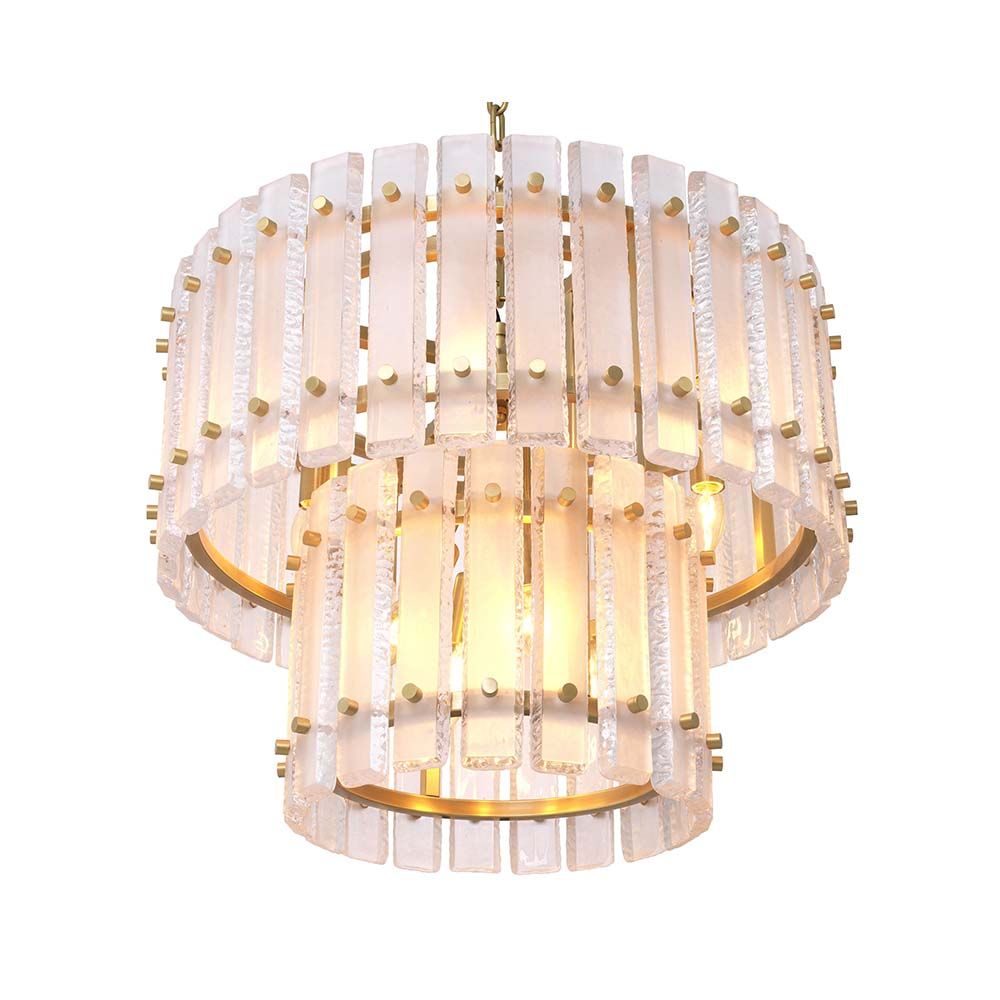 A luxurious, two-tiered Eichholtz chandelier with a frosted glass and brass finish