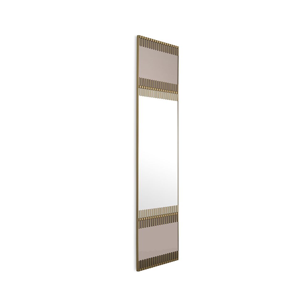 A unique wall mirror by Eichholtz with a brushed brass frame and smoked mirrored glass finish 