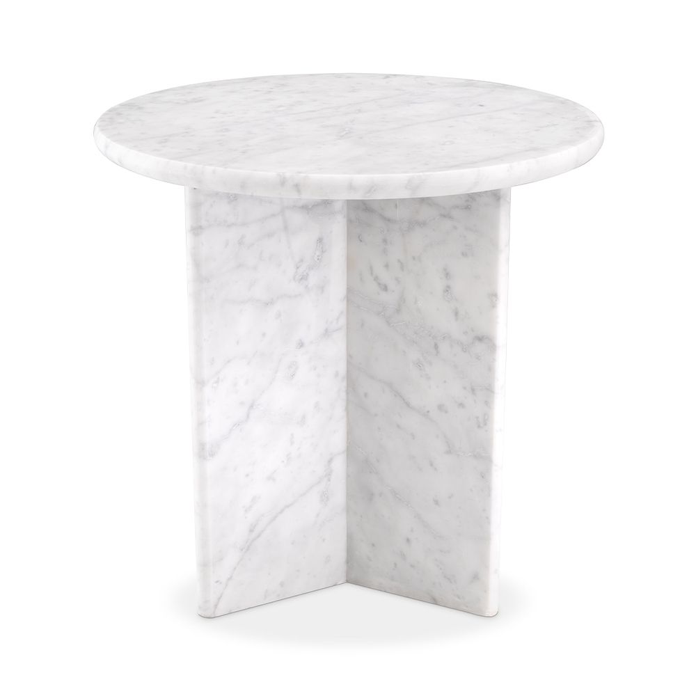 A luxurious round white marble side table by Eichholtz with a unique base