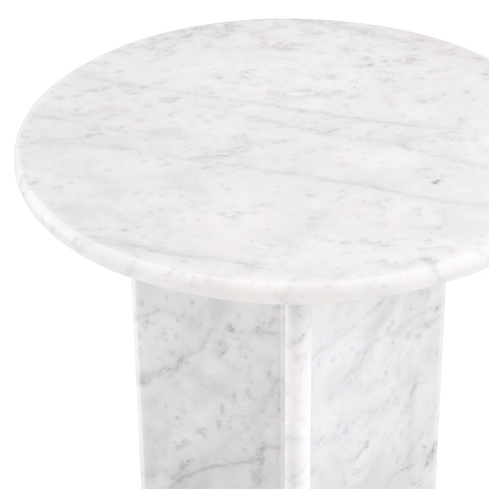 A luxurious round white marble side table by Eichholtz with a unique base