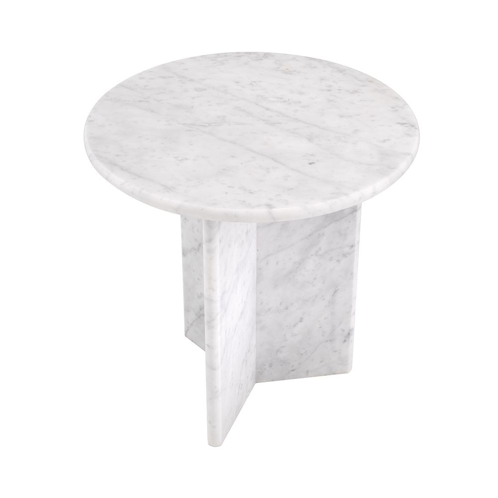 A luxurious round white marble side table by Eichholtz with a unique base