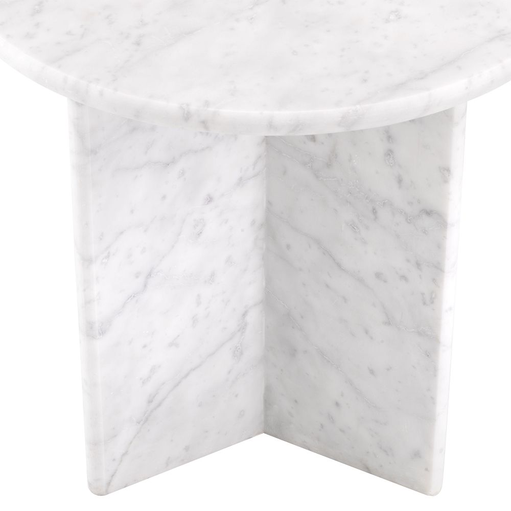A luxurious round white marble side table by Eichholtz with a unique base