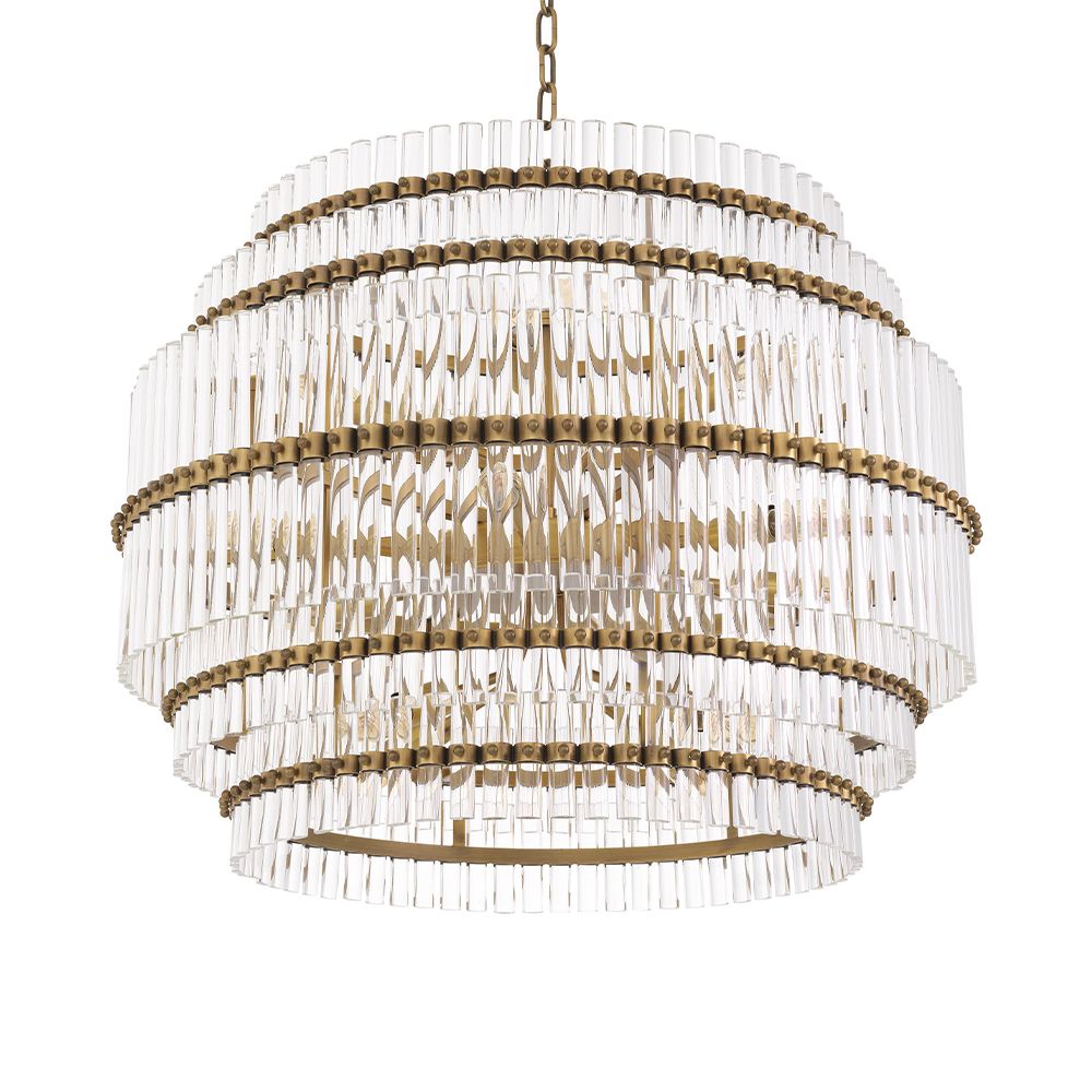 A spectacular, Art Deco chandelier by Eichholtz with five tiers, an antique brass finish and clear glass tubes