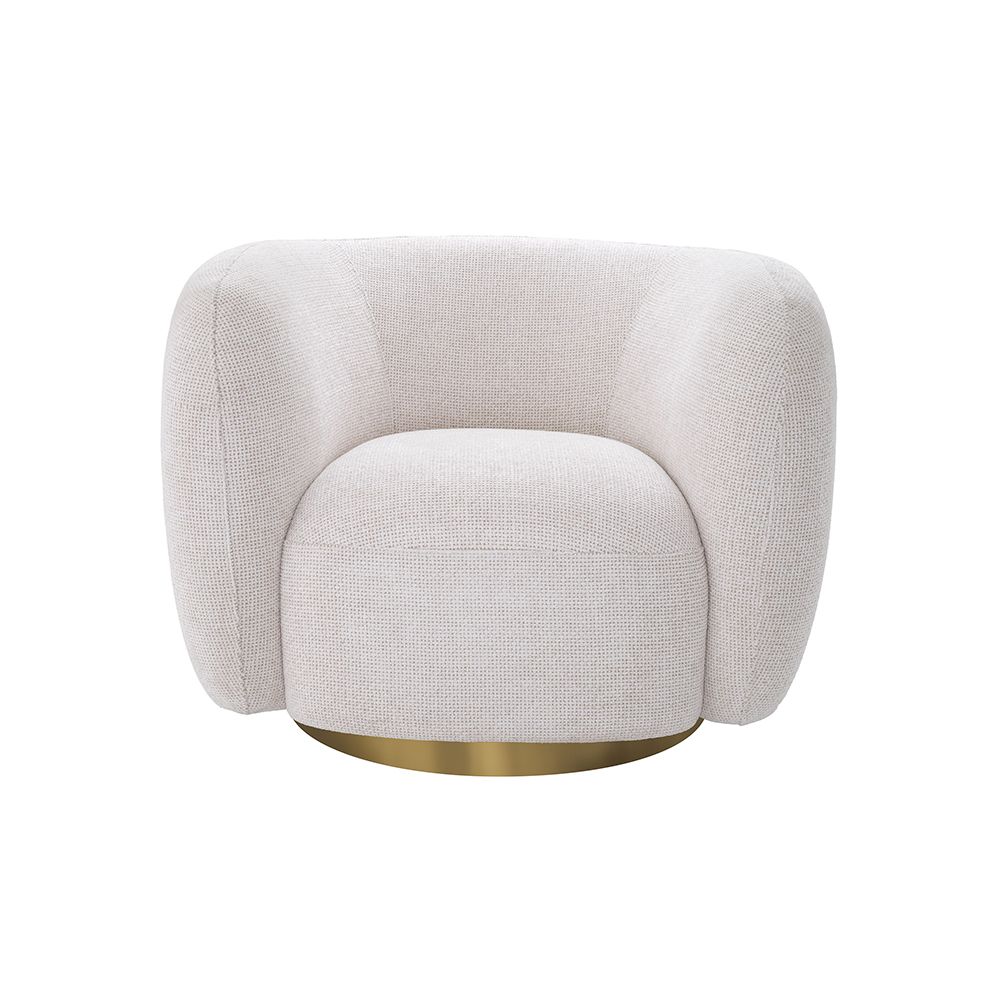 A curvaceous swivel by Eichholtz with a Lyssa Off-White fabric upholstery and a glamorous brushed brass swivel base