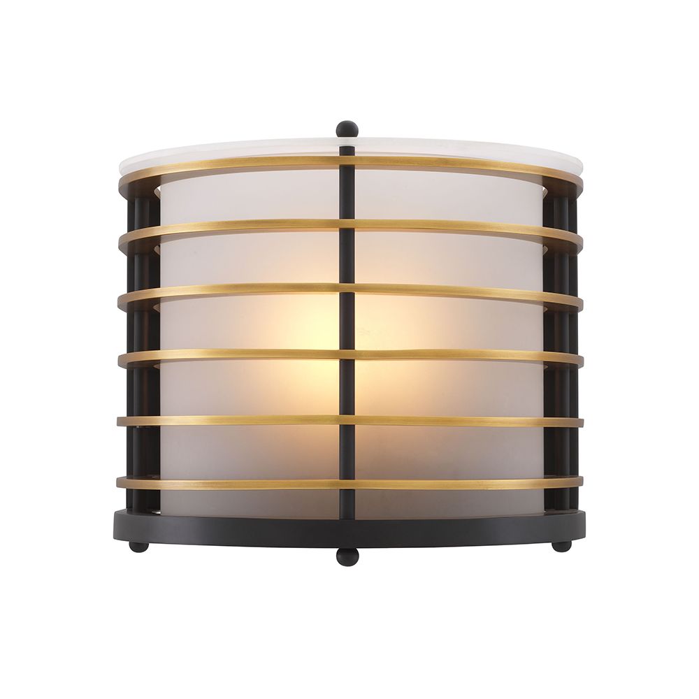 A sophisticated outdoor wall lamp by Eichholtz with a frosted glass shade and antique brass metal cage